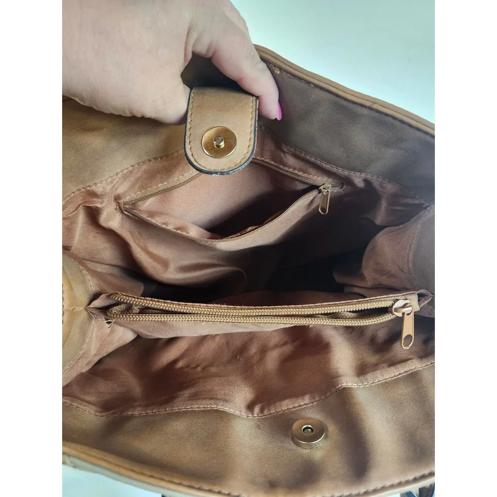 Brown‎ Patchwork Satchel Handbag Gold Padlock Detail RN 108833 Large Tote